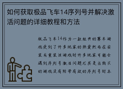 如何获取极品飞车14序列号并解决激活问题的详细教程和方法